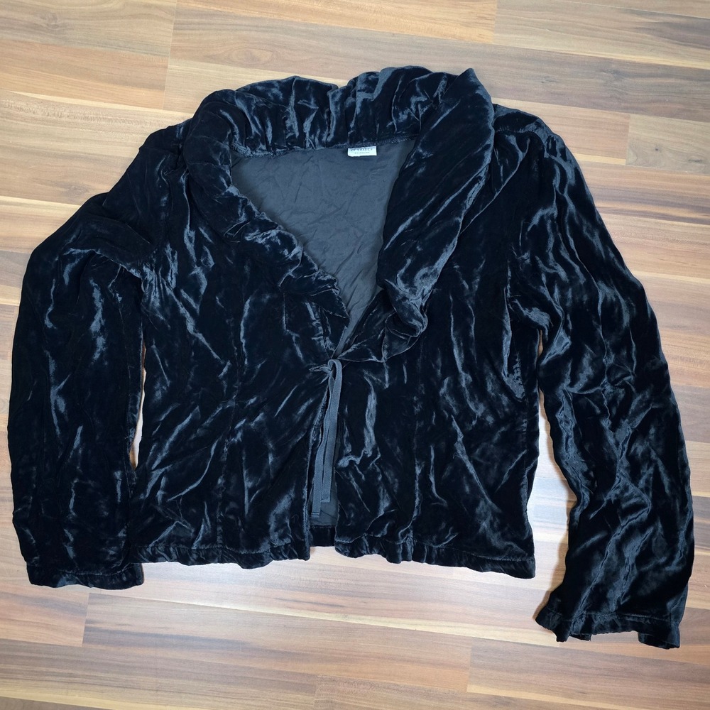 Vintage CP Shades Black Velvet Tie Front Ruffle Jacket Hand Dyed Lagenlook